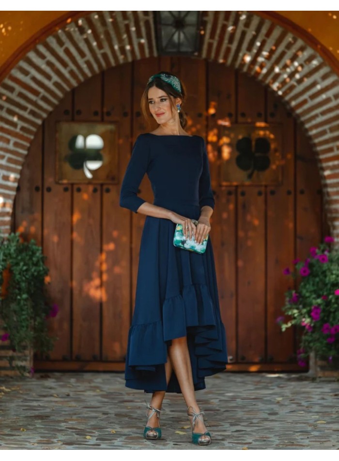 Navy blue midi party dress with open back