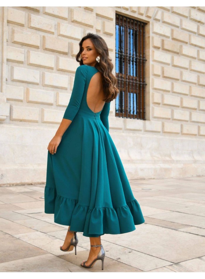 Turquoise green midi party dress with ruffle on the skirt