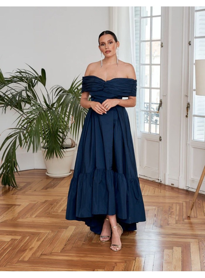 Asymmetrical long taffeta dress with bardot neckline