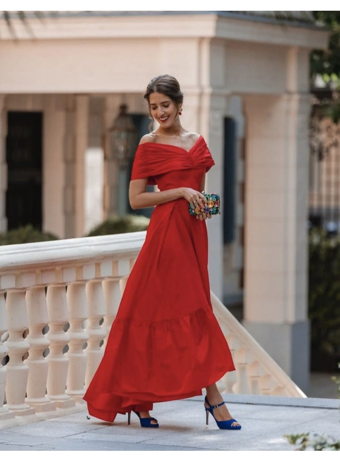 Asymmetrical long taffeta dress with bardot neckline