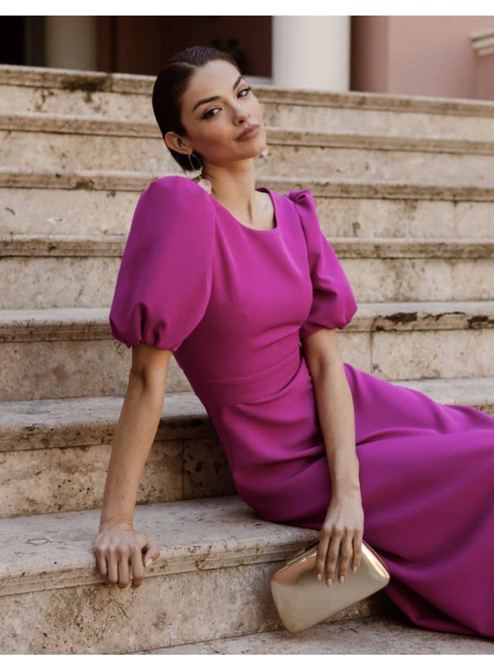 Robe de soirée midi à manches courtes bouffantes et dos boutonné