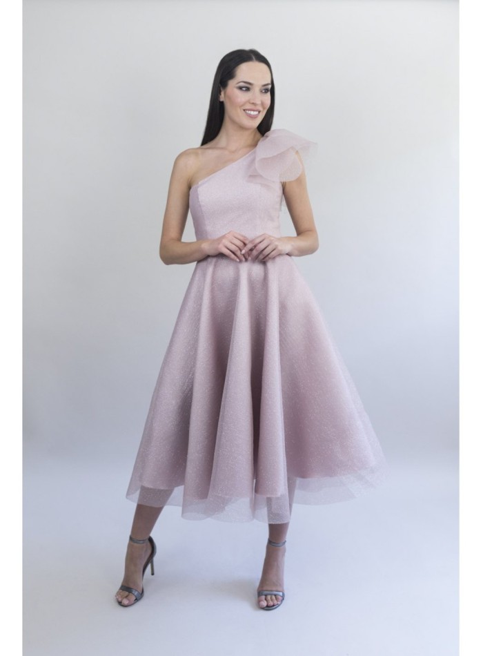 Robe de soirée midi en organza laminé pailleté