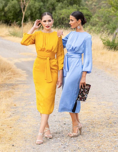 Midi party dress with shoulder strap and bow at the waist for guests Midi party dress with shoulder strap and bow at the waist for guests