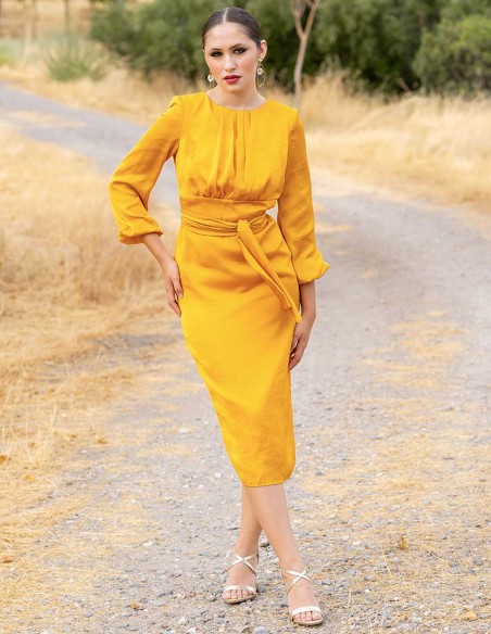 Midi party dress with shoulder strap and bow at the waist Midi party dress with shoulder strap and bow at the waist