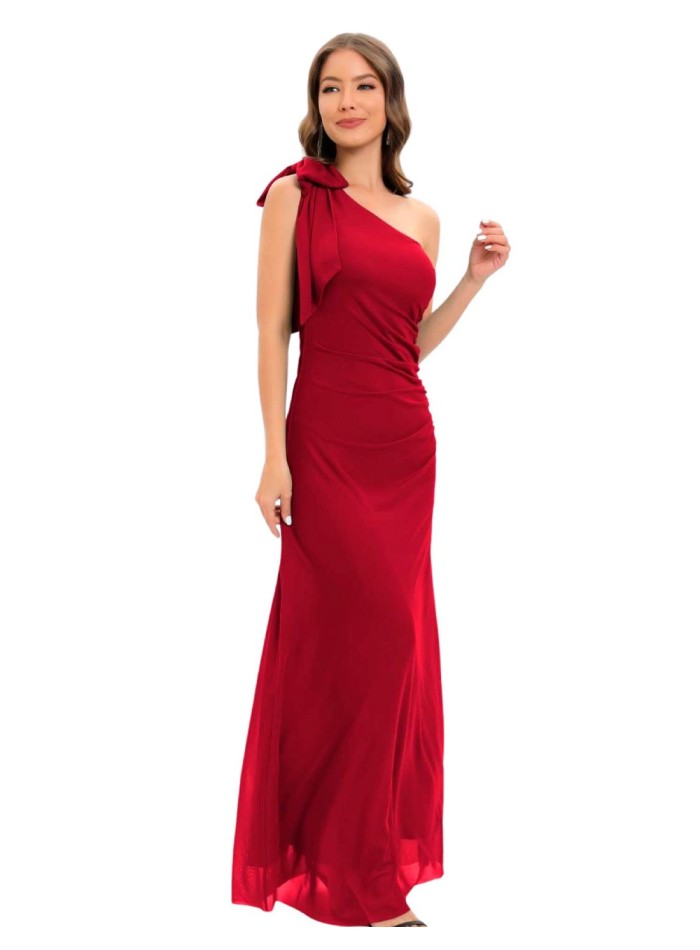 Evening dress with asymmetrical neckline and bow detail