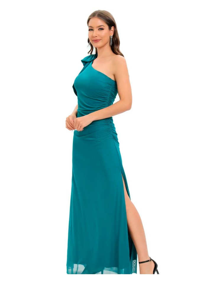 Evening dress with asymmetrical neckline and bow detail