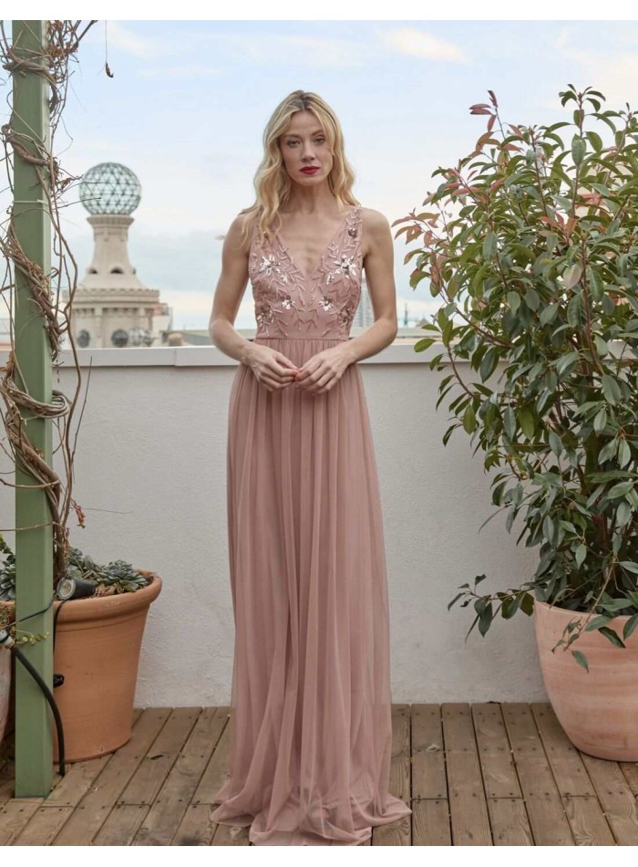 Robe longue de fête avec décolleté en V et jupe en tulle