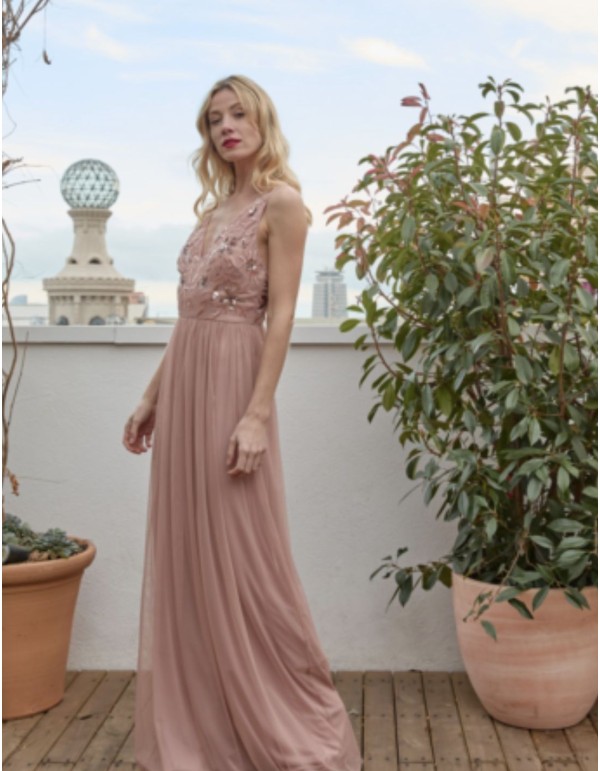 Vestido maxi simple de chiffon con escote en V y tirantes finos Rosa Claro Tallas Grandes