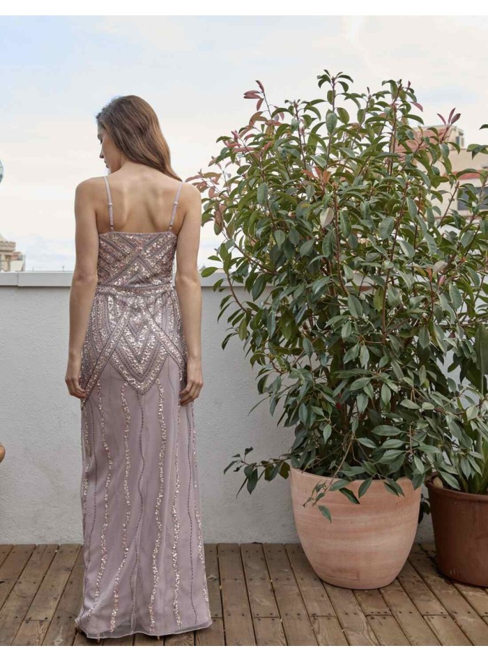 Long party dress with center slit and thin straps