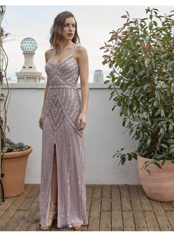 Long party dress with central opening and thin straps
