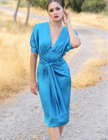 Vestido de fiesta midi con manga corta abullonada y lazada a la cintura color azul Vestido de fiesta midi con manga corta abullonada y lazada a la cintura color azul