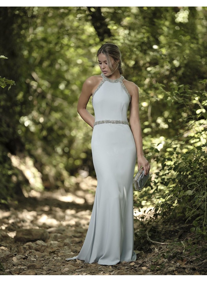 Robe longue de soirée, coupe sirène, avec encolure dos nu et strass