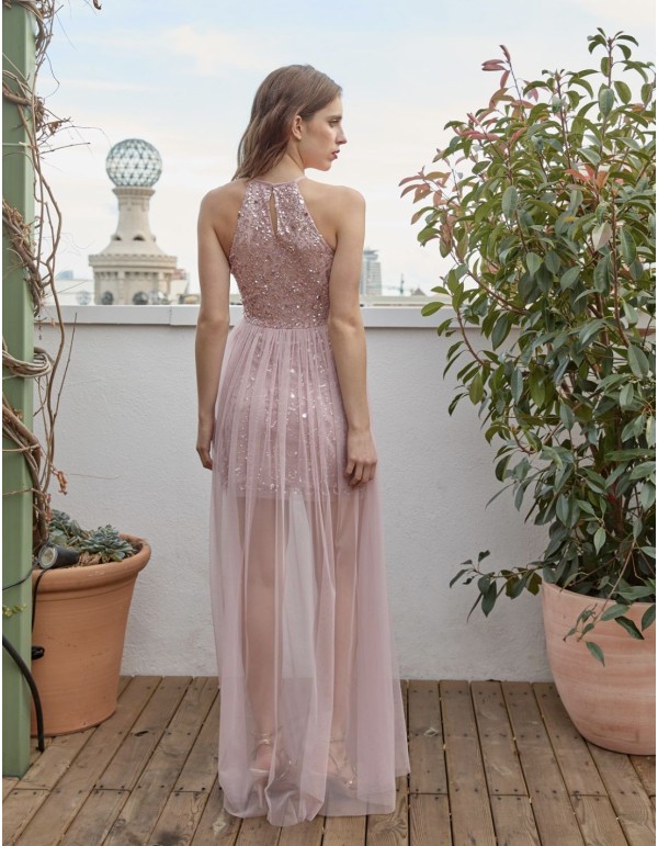 Vestido de fiesta largo con escote lágrima y sobrefalda 2