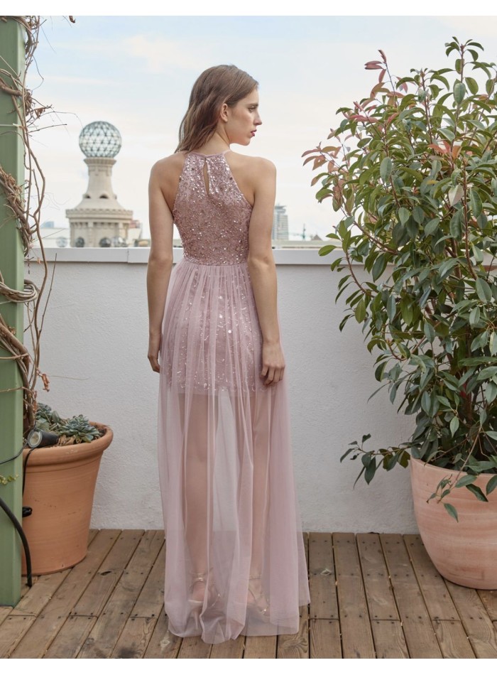 Long party dress with teardrop neckline and...