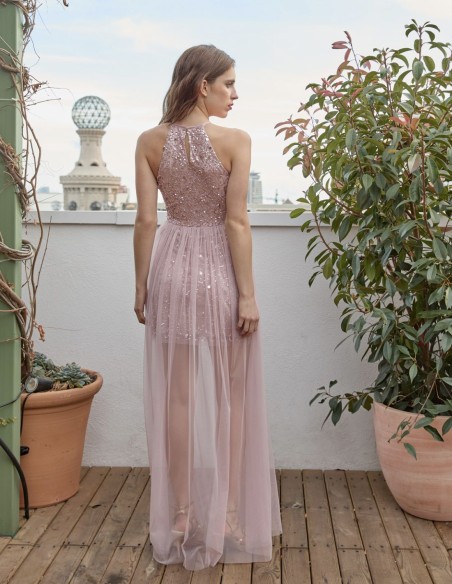 Long party dress with teardrop neckline and overskirt
