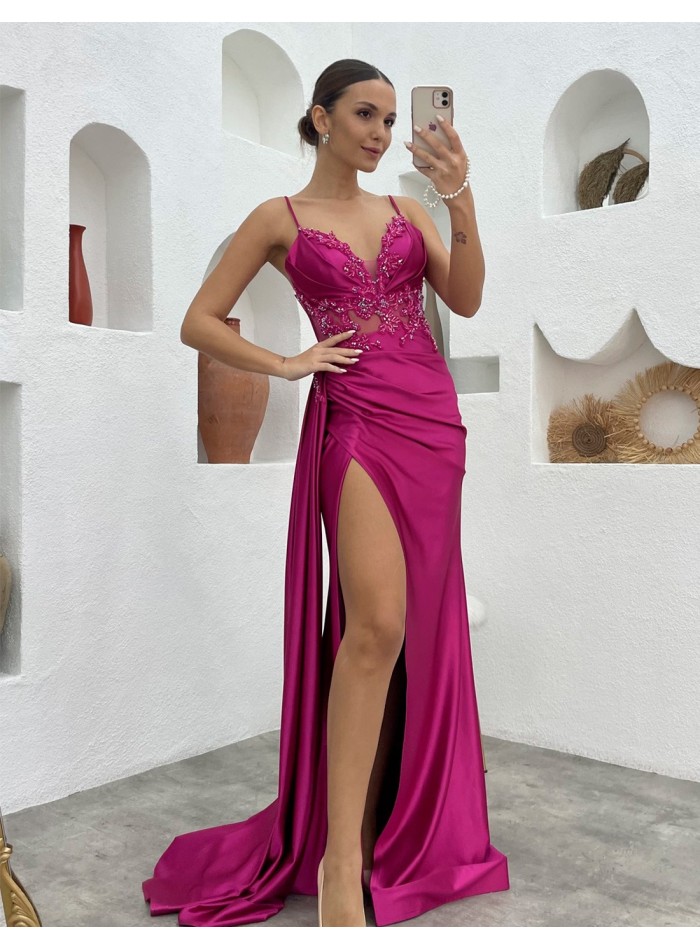 Long evening dress in satin with rhinestones on the bodice