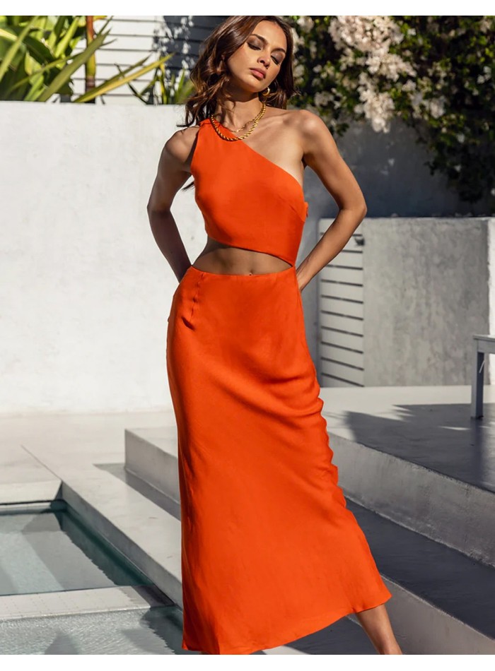 Midi party dress with asymmetrical neckline and cut out in terracotta color by INVITADISIMA