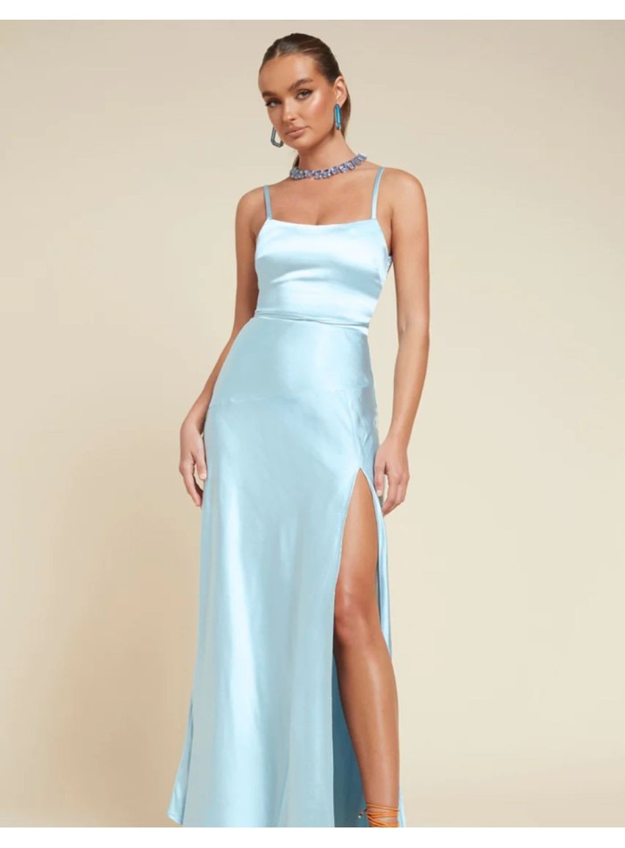 Sky blue midi dress with straps and cut out skirt