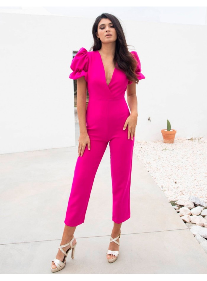 Fuchsia party suit with puffed sleeves and neckline jumsuit
