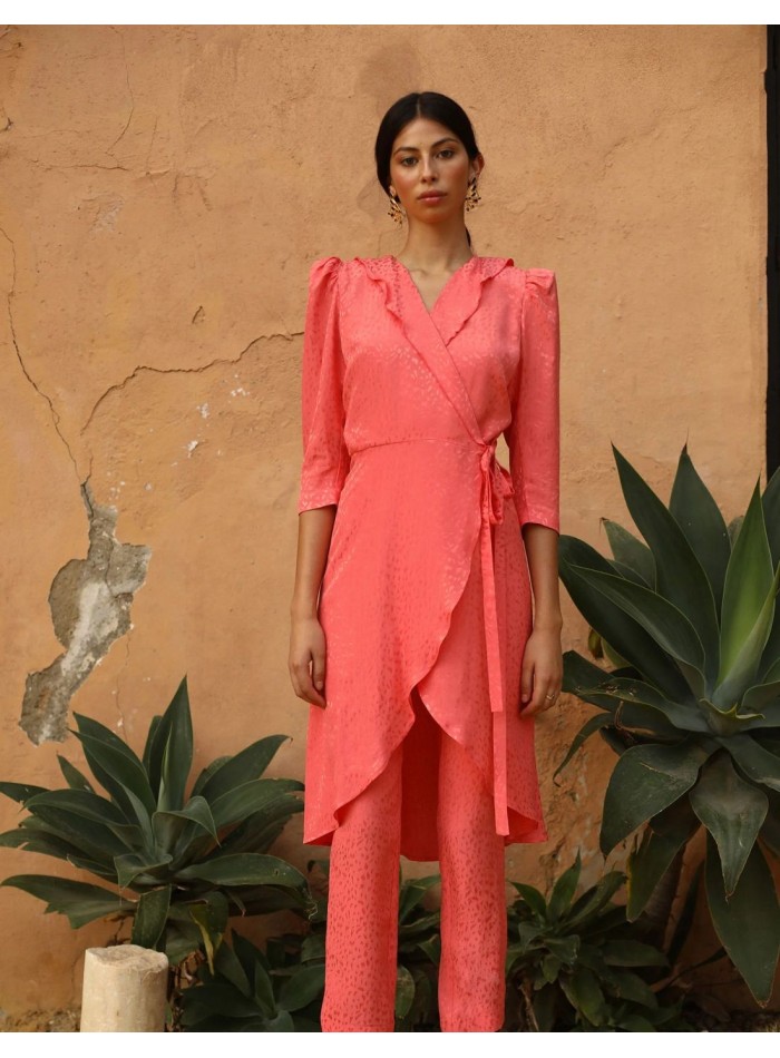 Salmon jacquard set crossover blouse and straight jacquard trousers