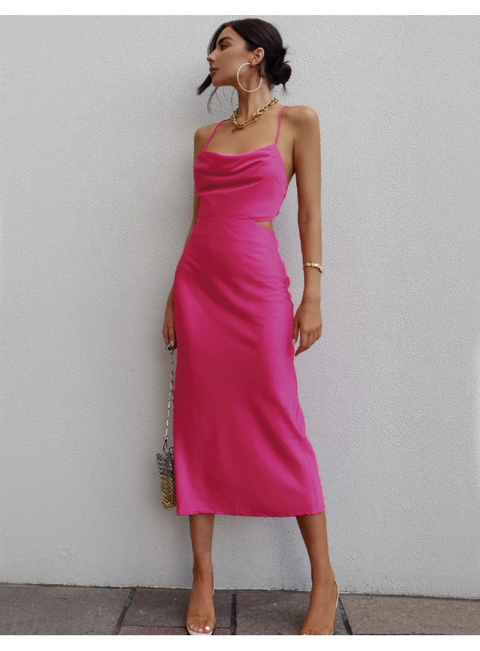 Satin evening midi dress with open back