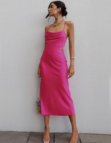 Satin evening midi dress with open back