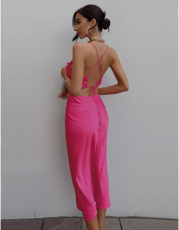 Satin evening midi dress with open back 2