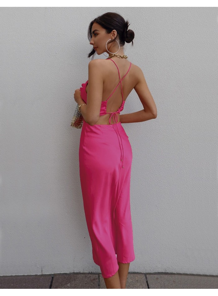 Satin evening midi dress with open back
