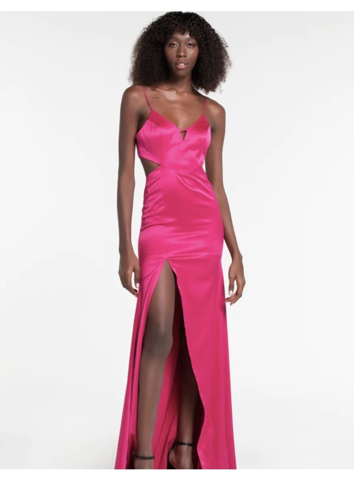 Long satin party dress with straps and cut-out bodice