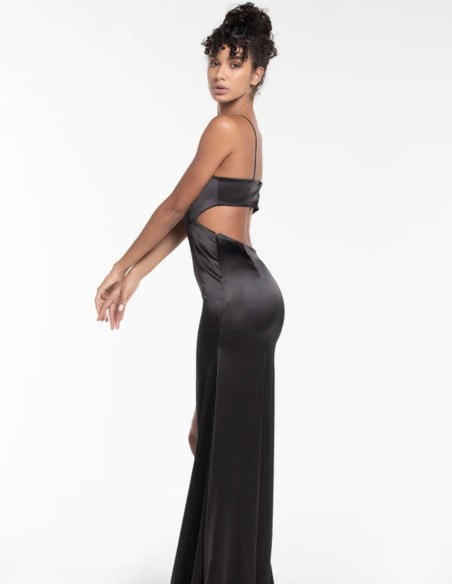 Long satin party dress with straps and cut-out bodice