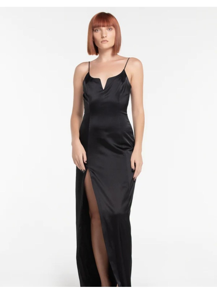 Long satin party dress with teardrop neckline and side slit