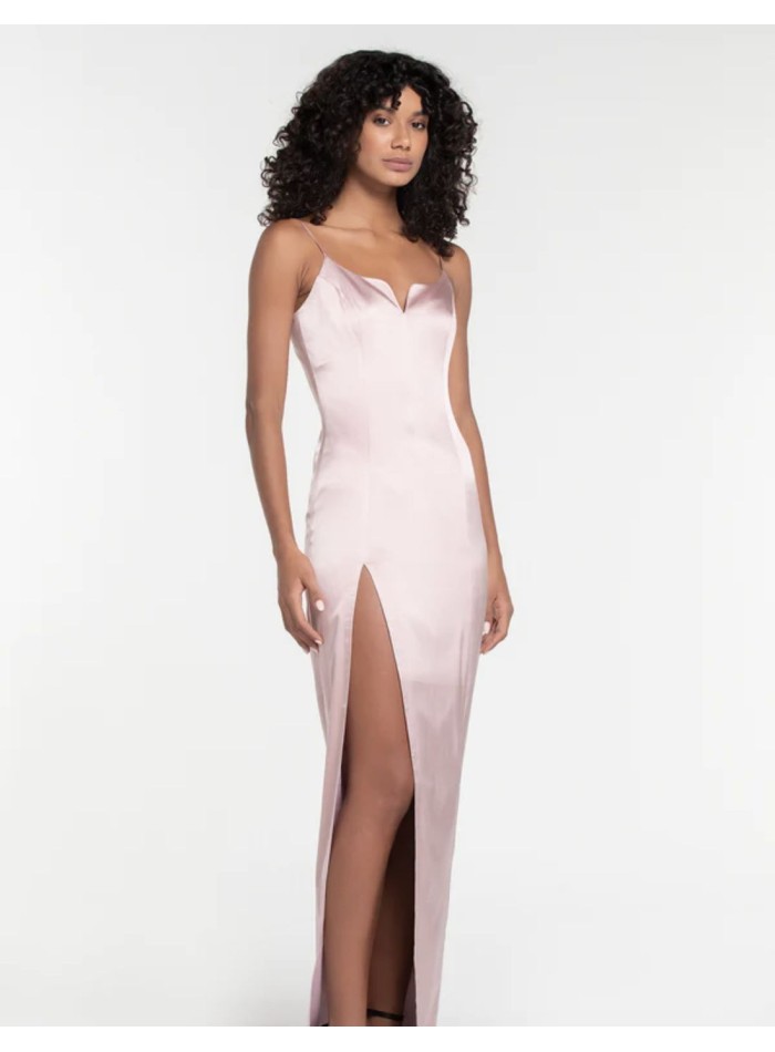 Long satin party dress with teardrop neckline and side slit
