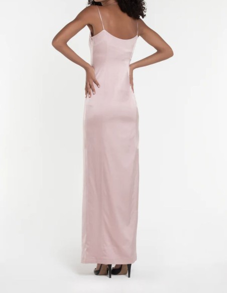 Long satin party dress with teardrop neckline and side slit