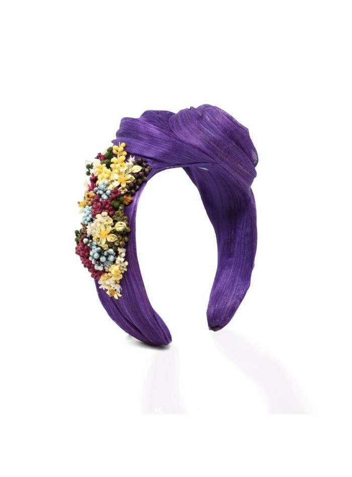 Purple knotted headband with preserved flowers
