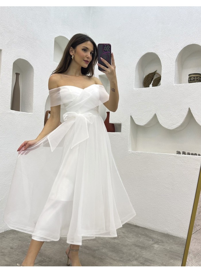 Midi cut wedding dress with bandeau neckline
