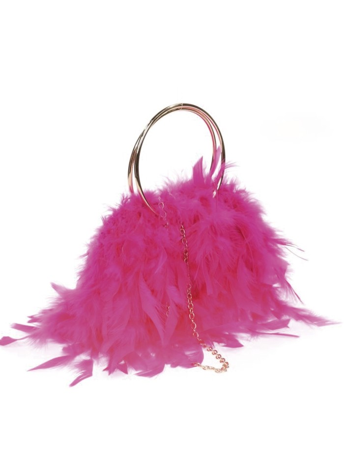 Evening clutch bag with feathers and rigid handle - various colours