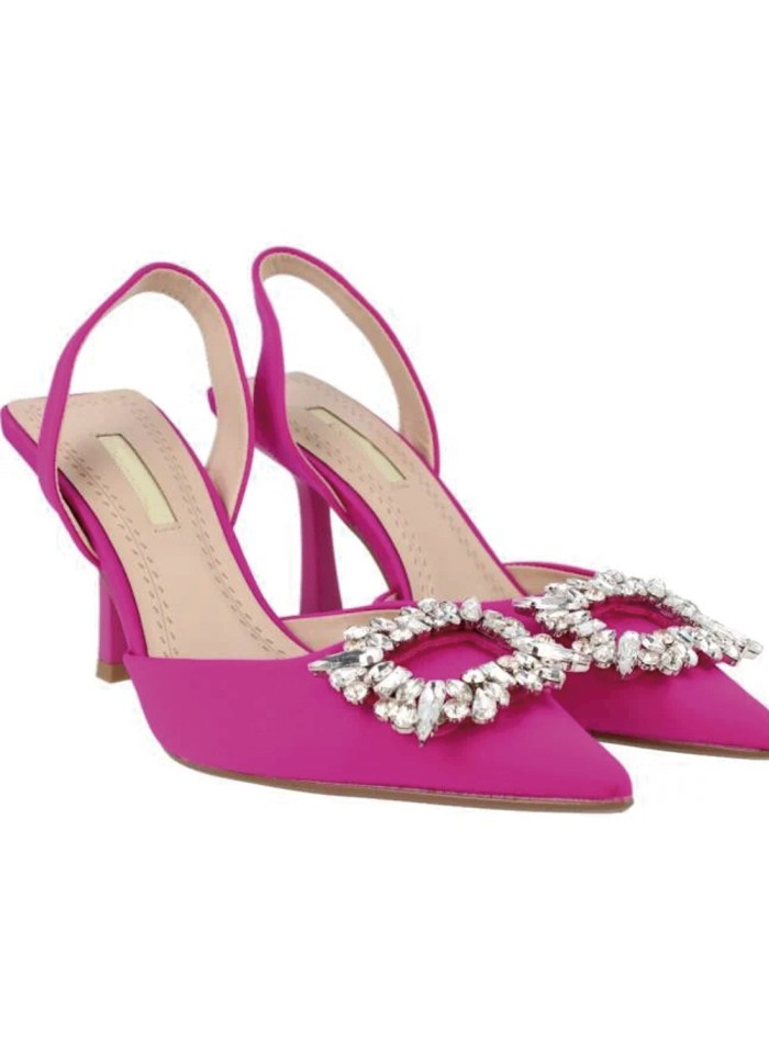 Fuchsia party shoe with rhinestone embellishment on the toe