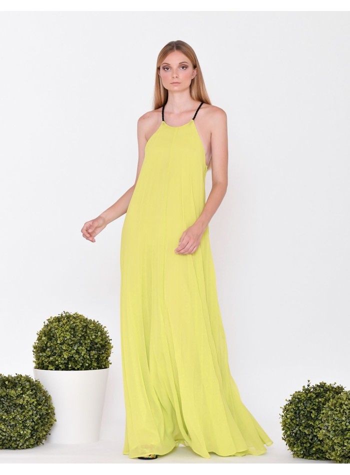 Long pleated dress with halter neckline and lace-up back