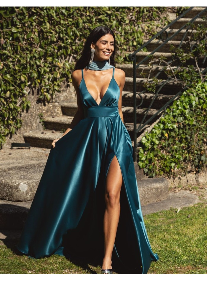 petrol satin long party dress with spaghetti straps