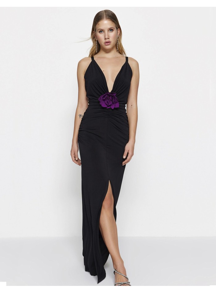 Black evening dress with v-neckline and purple flower