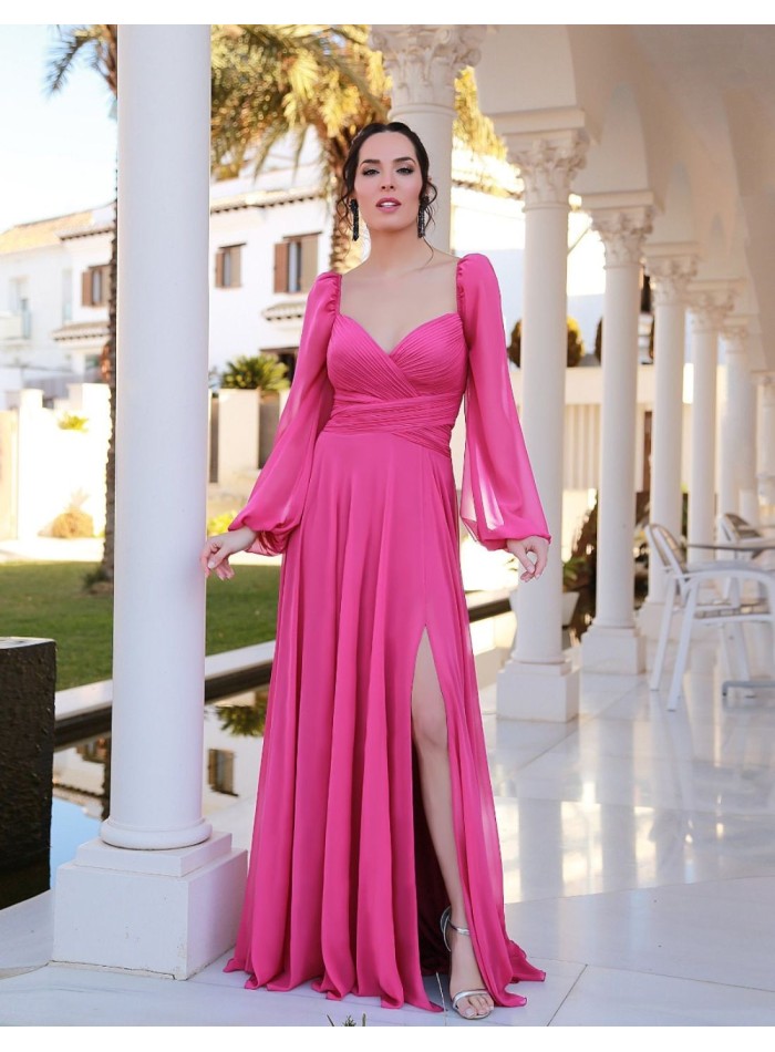Long party dress with pleated neckline