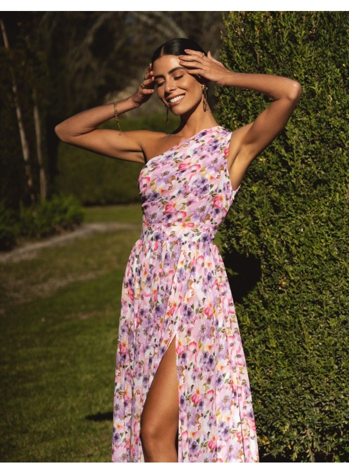 Asymmetric long dress with floral print and side slit