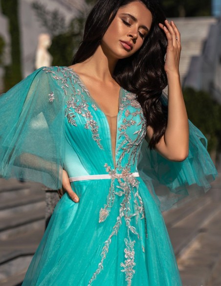 Long party dress with tulle bodice and rhinestones