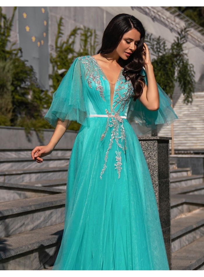 Long party dress with tulle bodice and rhinestones