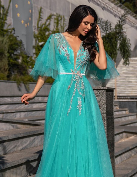 Long party dress with tulle bodice and rhinestones
