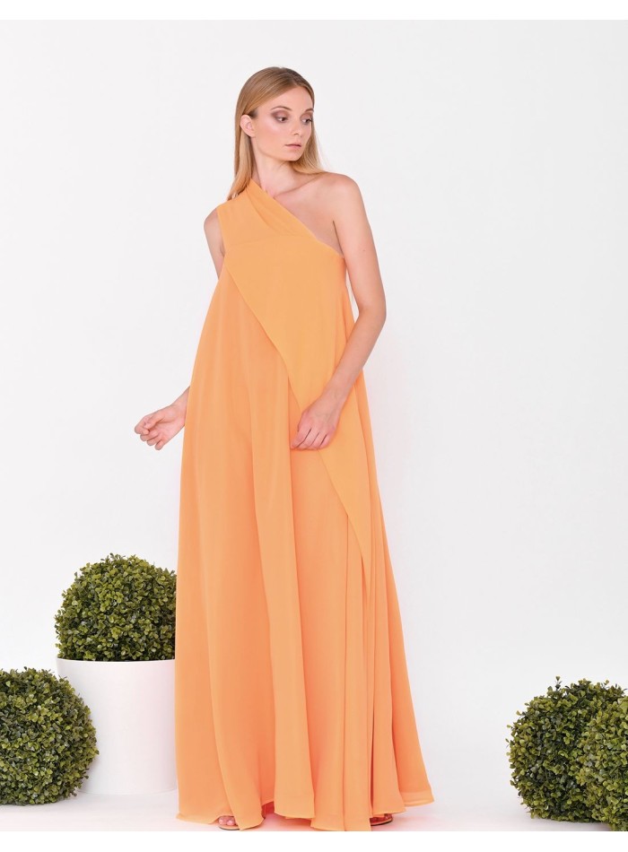 Asymmetrical long dress with crossover neckline