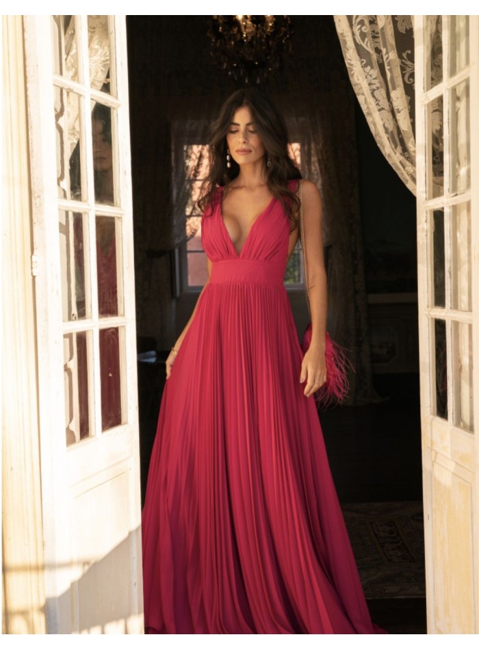Fuchsia pleated long dress for special events