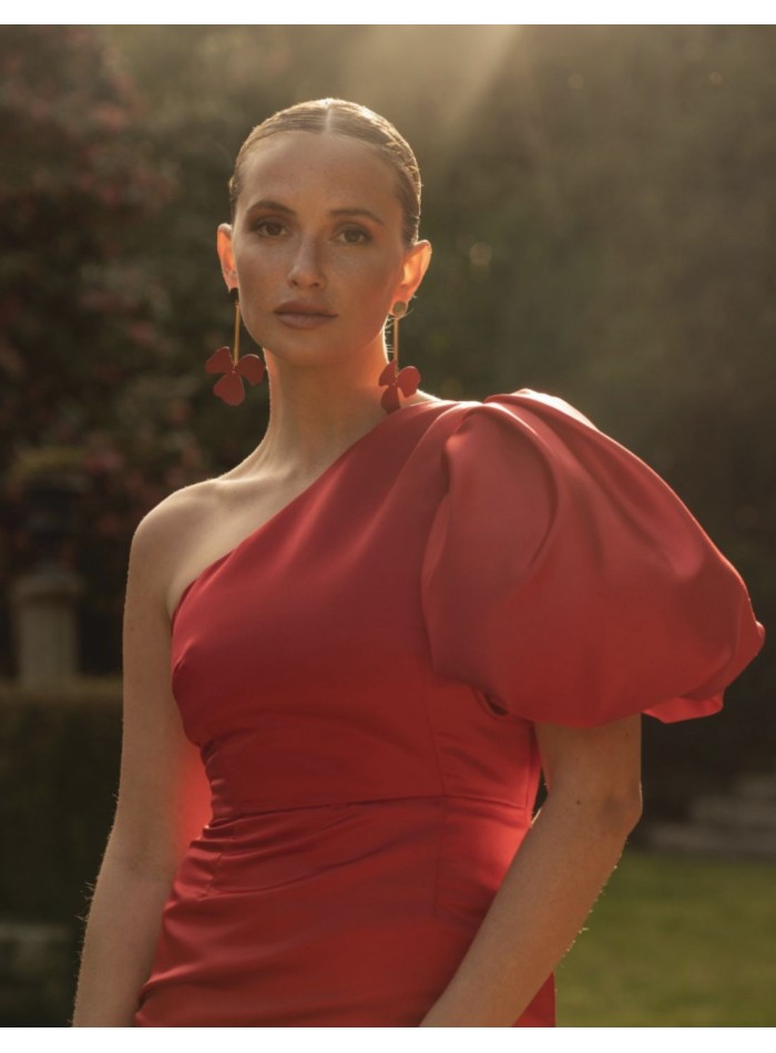 Red midi party dress with asymmetrical neckline
