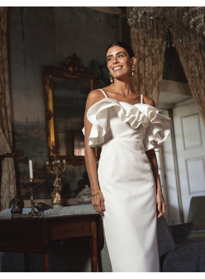 White midi dress with ruffled maxi neckline