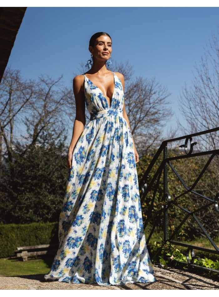 Long blue and yellow floral print party dress